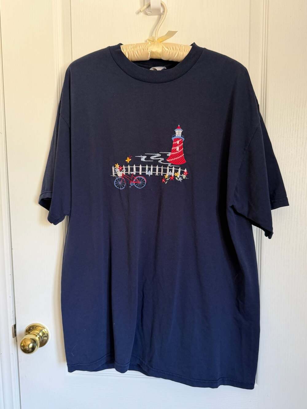 Vintage Jerzees Heavyweight Blend Navy Blue Embroidered Lighthouse Bicycle T-Shi